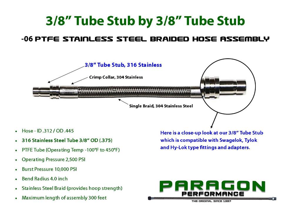 PTFE-Lined, Stainless Steel Braided Hose Assembly, 3/8 in